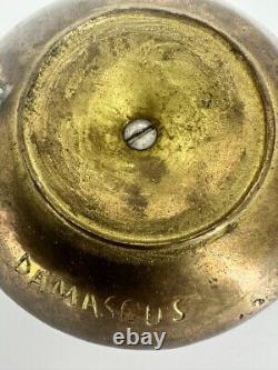 ANTIQUE PRIMITIVE PAIR Signed DAMASCUS Brass Chamberstick Thumb Rest/Finger Loop