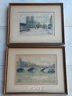 ANTIQUE Pair HANS FIGURA Etching PARIS Notre Dame NAPOLEON Bridge SIGNED Number