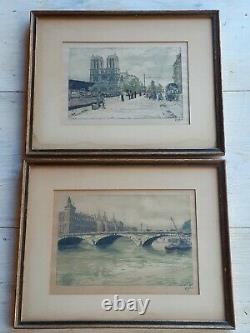 ANTIQUE Pair HANS FIGURA Etching PARIS Notre Dame NAPOLEON Bridge SIGNED Number