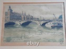 ANTIQUE Pair HANS FIGURA Etching PARIS Notre Dame NAPOLEON Bridge SIGNED Number