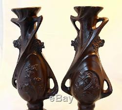 ANTIQUE Pair of French Clock Pewter & Red marble Urns Vases signed C. BONNEFOND