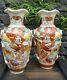Antique Pair Samurai Satsuma Ware Moriage Hand Painted 10 Signed Vase