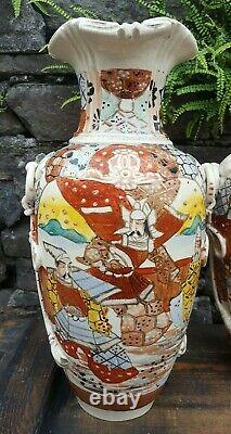 ANTIQUE pair SAMURAI SATSUMA WARE MORIAGE HAND PAINTED 10 SIGNED VASE