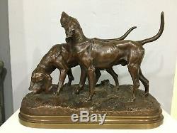 Alfred Dubucand Signed Orignial French Bronze Casting of a Pair of Hunting Dogs