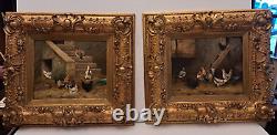 Alfred Prehn antique oil wood painting pair The hen house 1880's SIGNED ORIGINAL