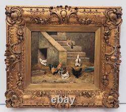 Alfred Prehn antique oil wood painting pair The hen house 1880's SIGNED ORIGINAL