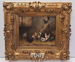 Alfred Prehn antique oil wood painting pair The hen house 1880's SIGNED ORIGINAL