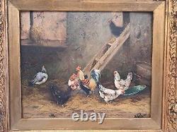Alfred Prehn antique oil wood painting pair The hen house 1880's SIGNED ORIGINAL