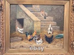 Alfred Prehn antique oil wood painting pair The hen house 1880's SIGNED ORIGINAL