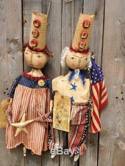 American Party Girl And Sam 1919 Patriotic Holidays Handmade Primitive Pair