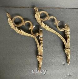 Antique 1 Pair Large French Gilt Bronze Curtain Rod Holders Brackets Signed