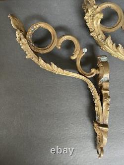 Antique 1 Pair Large French Gilt Bronze Curtain Rod Holders Brackets Signed