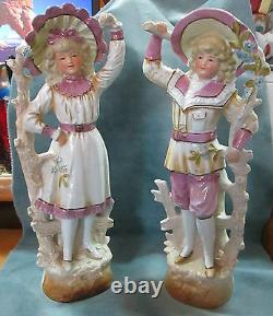 Antique 11 3/4 High Glazed Bisque Signed Pair Male & Female Figurines