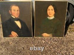 Antique 1800s Folk Art Pair of Signed Oil Paintings Portraits-Awesome