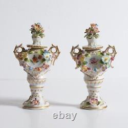 Antique 1800s pair of Miniature Sitzendorf Potpourri Urns. Signed