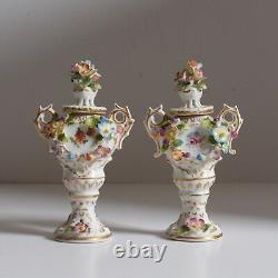 Antique 1800s pair of Miniature Sitzendorf Potpourri Urns. Signed