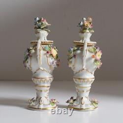 Antique 1800s pair of Miniature Sitzendorf Potpourri Urns. Signed