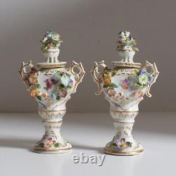 Antique 1800s pair of Miniature Sitzendorf Potpourri Urns. Signed