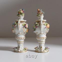 Antique 1800s pair of Miniature Sitzendorf Potpourri Urns. Signed