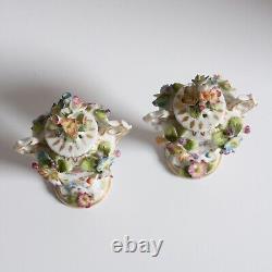 Antique 1800s pair of Miniature Sitzendorf Potpourri Urns. Signed