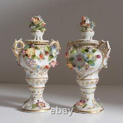 Antique 1800s pair of Miniature Sitzendorf Potpourri Urns. Signed