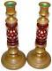 Antique 1855 Candlestick Pair Enamel Ruby Glass Brass Signed Kohler Fientenheun