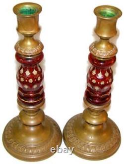 Antique 1855 Candlestick Pair Enamel Ruby Glass Brass Signed Kohler Fientenheun