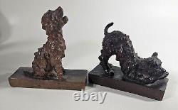 Antique 1914 EB Parsons Bronze Bookends Pair Terrier Dogs Signed 7x7 and 5.5x7