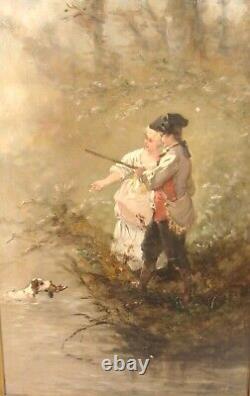 Antique 19C Pauline Appert Couple Hunting O/C Landscape Painting