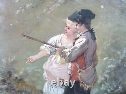 Antique 19C Pauline Appert Couple Hunting O/C Landscape Painting