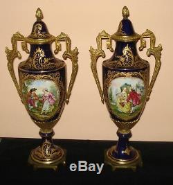 Antique 19th C Pair Of French Sevres Urns Ormolu Porcelain 20.75 Signed Granet