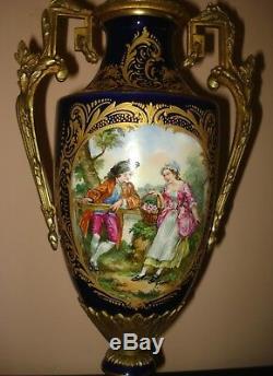 Antique 19th C Pair Of French Sevres Urns Ormolu Porcelain 20.75 Signed Granet