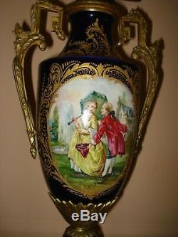 Antique 19th C Pair Of French Sevres Urns Ormolu Porcelain 20.75 Signed Granet