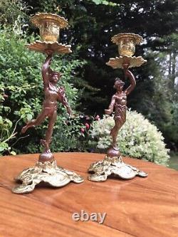 Antique 19th Cen Signed English Bronze gilt Pair Of Figural Candlesticks C1890