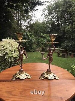 Antique 19th Cen Signed English Bronze gilt Pair Of Figural Candlesticks C1890