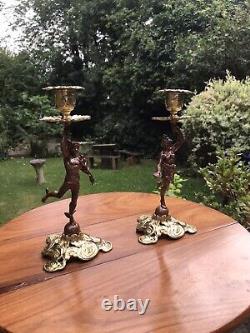 Antique 19th Cen Signed English Bronze gilt Pair Of Figural Candlesticks C1890