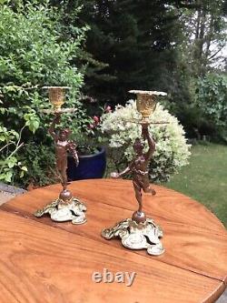 Antique 19th Cen Signed English Bronze gilt Pair Of Figural Candlesticks C1890