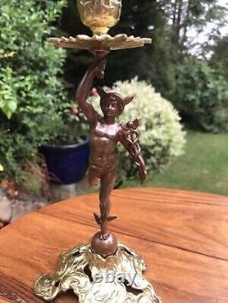 Antique 19th Cen Signed English Bronze gilt Pair Of Figural Candlesticks C1890