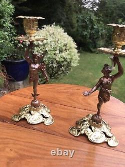 Antique 19th Cen Signed English Bronze gilt Pair Of Figural Candlesticks C1890