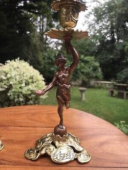 Antique 19th Cen Signed English Bronze gilt Pair Of Figural Candlesticks C1890