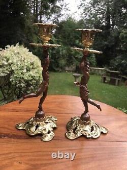 Antique 19th Cen Signed English Bronze gilt Pair Of Figural Candlesticks C1890