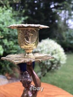 Antique 19th Cen Signed English Bronze gilt Pair Of Figural Candlesticks C1890