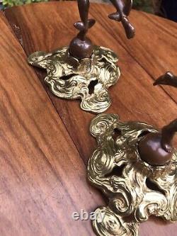 Antique 19th Cen Signed English Bronze gilt Pair Of Figural Candlesticks C1890