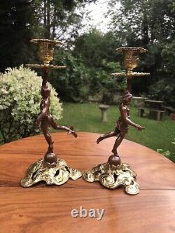 Antique 19th Cen Signed English Bronze gilt Pair Of Figural Candlesticks C1890