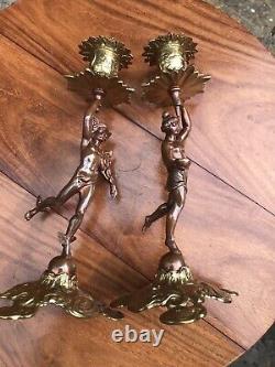 Antique 19th Cen Signed English Bronze gilt Pair Of Figural Candlesticks C1890