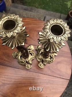 Antique 19th Cen Signed English Bronze gilt Pair Of Figural Candlesticks C1890