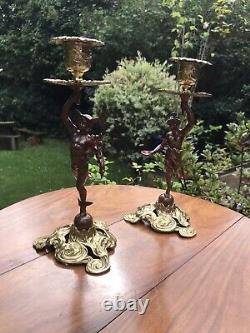 Antique 19th Cen Signed English Bronze gilt Pair Of Figural Candlesticks C1890