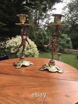 Antique 19th Cen Signed English Bronze gilt Pair Of Figural Candlesticks C1890