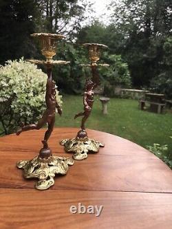 Antique 19th Cen Signed English Bronze gilt Pair Of Figural Candlesticks C1890