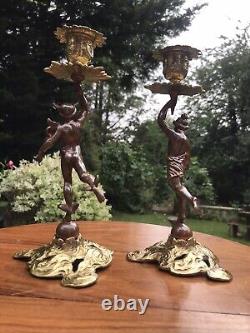 Antique 19th Cen Signed English Bronze gilt Pair Of Figural Candlesticks C1890